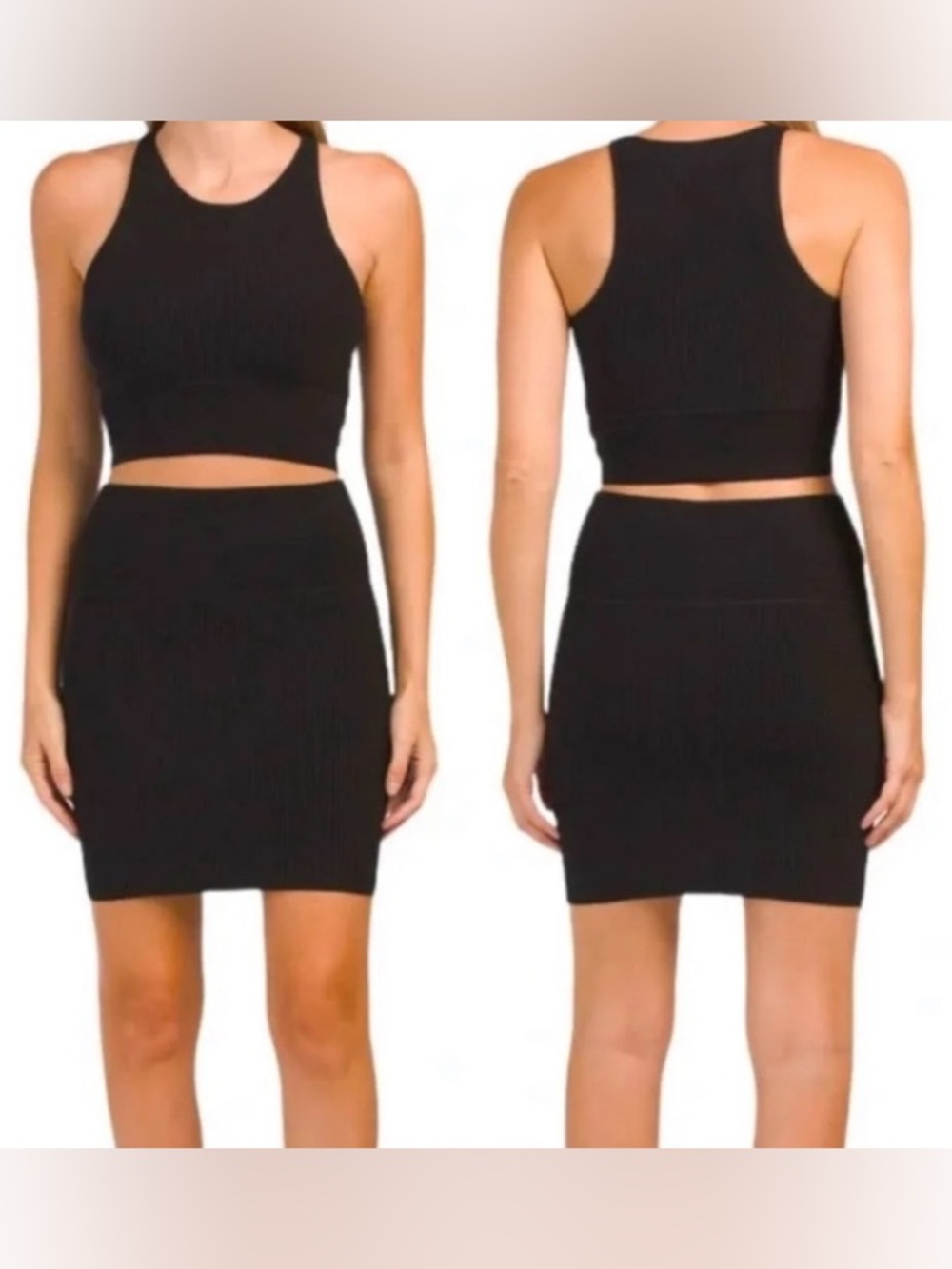 House of Harlow 1960 Revolve Black Ribbed Knit Bodycon Skirt Set, Slimming, L